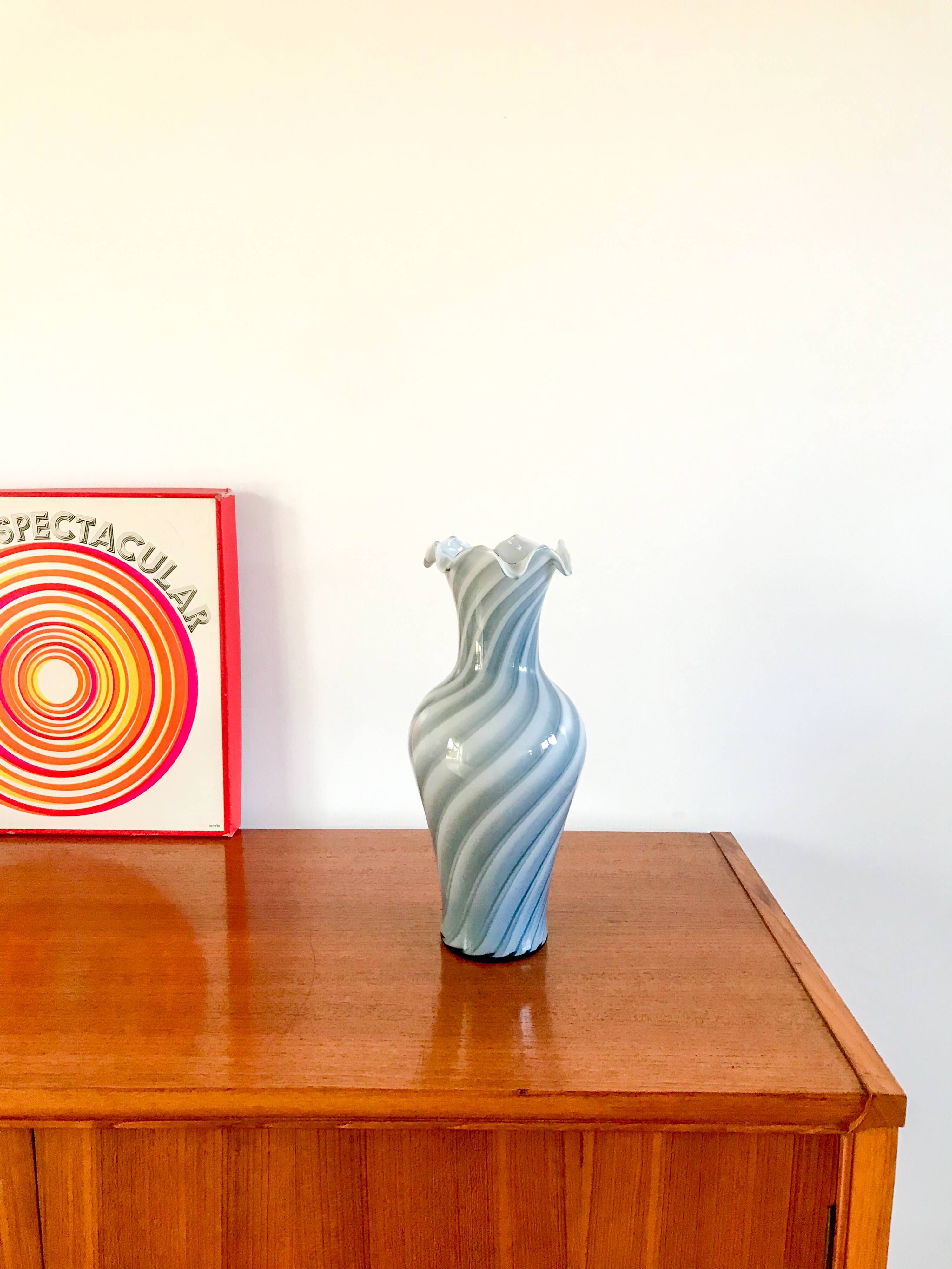 large vase in blue and white opaline Murano style 60s-70s