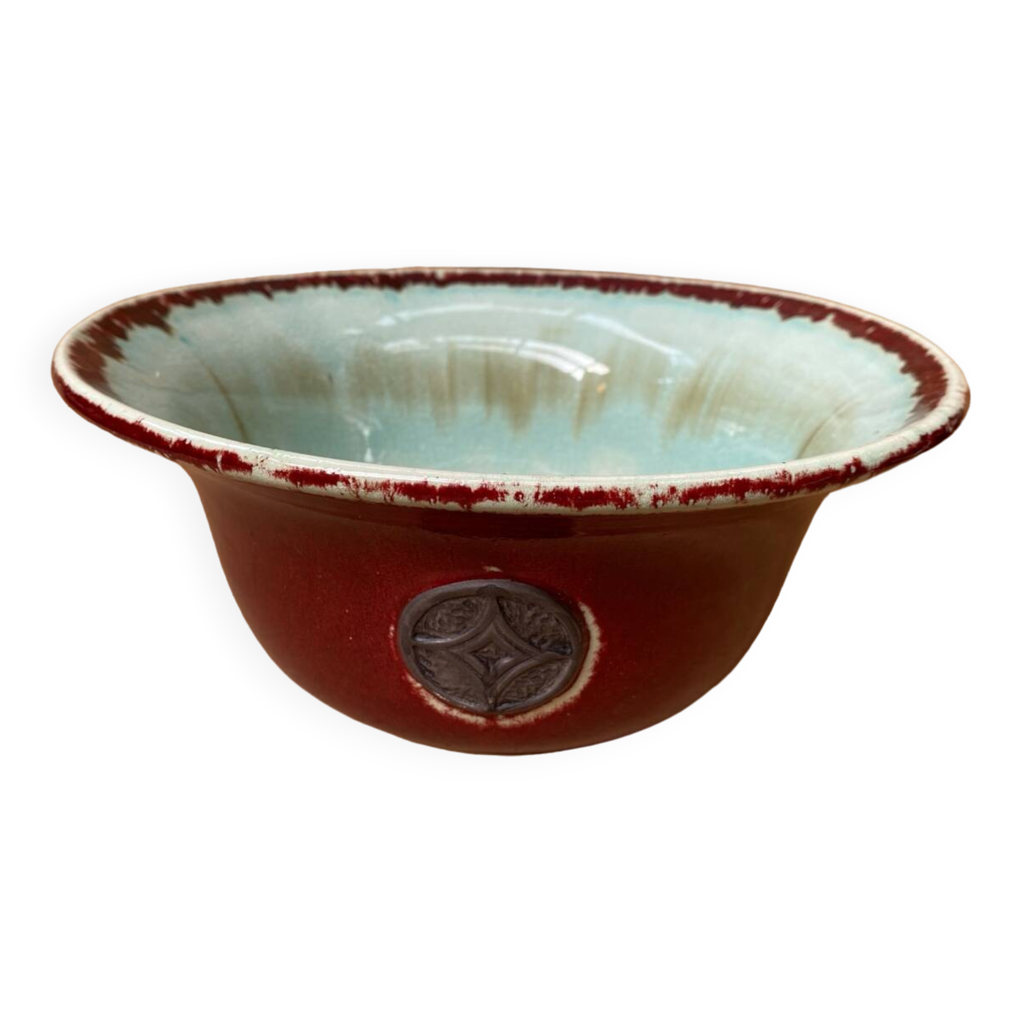 Antique Red Ceramic Salad Bowl Blue Interior + Vintage Kitchen Badge