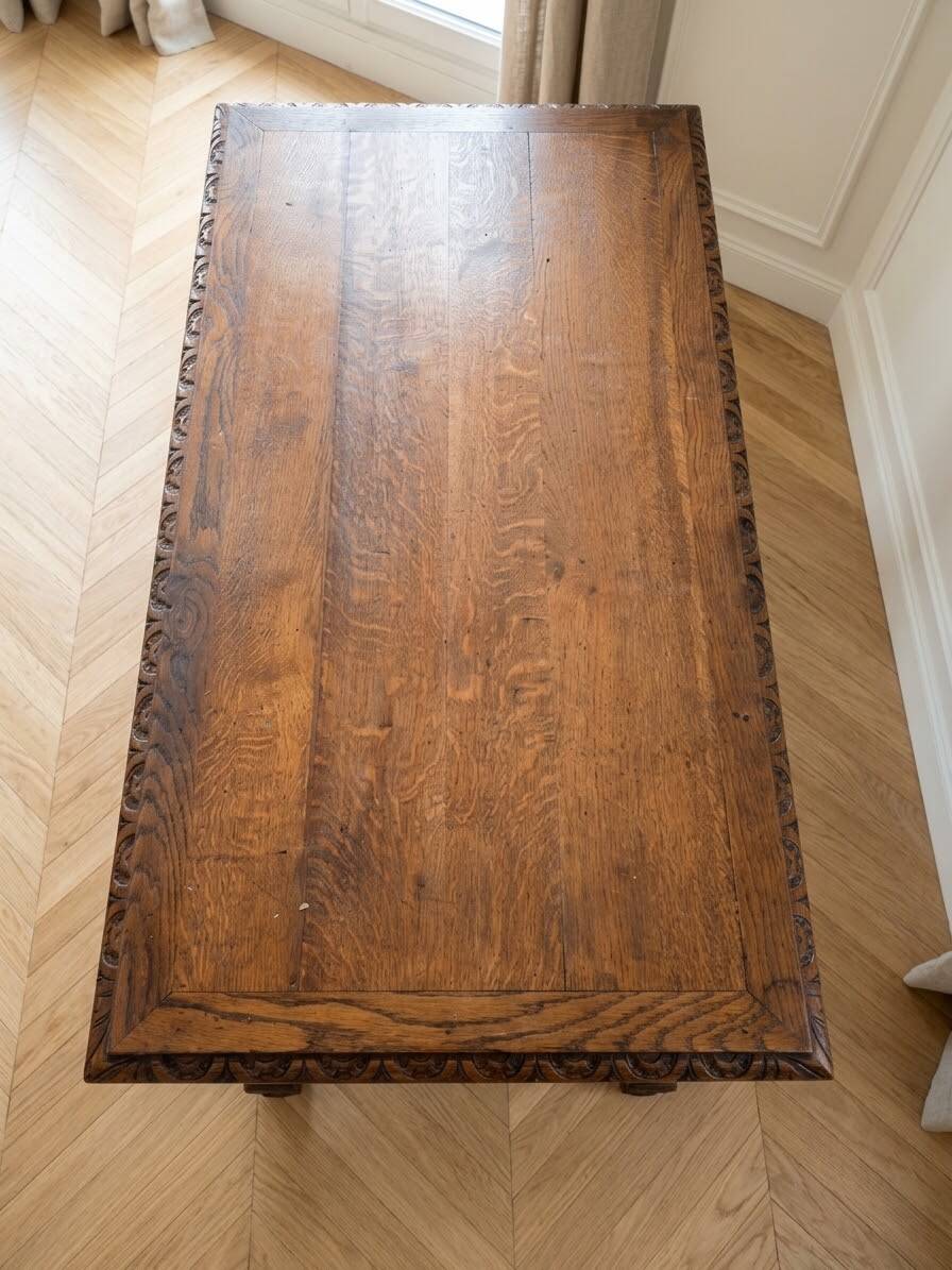 Antique solid wood carved desk in Louis XIII style.