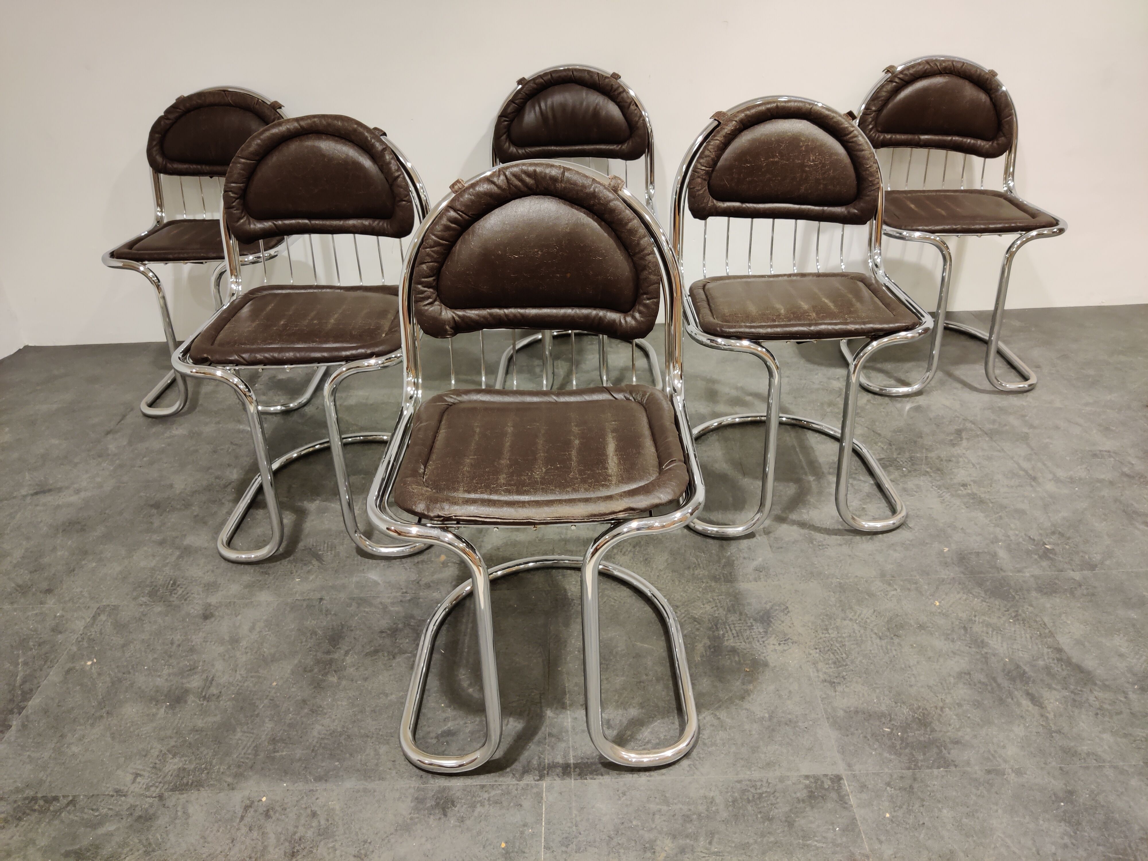 Vintage chrome and leather cantilever dining chairs, 1970s