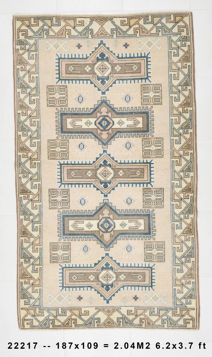 3x6 Cream Blue Oriental Vintage Rug, 109x187Cm