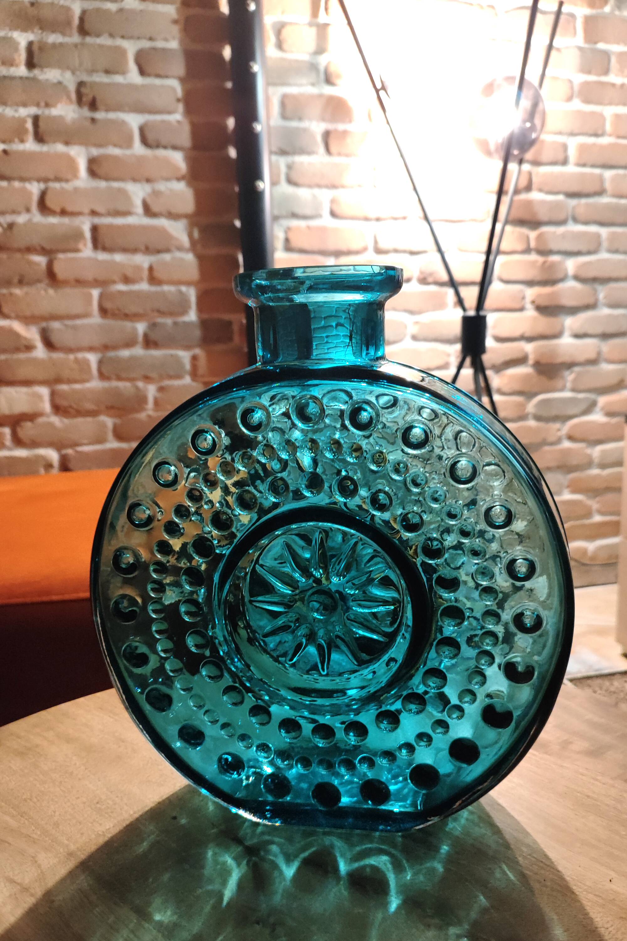 Vintage Teal Blue Glass Vase: Mid-Century Modern Sunburst Design / 1969