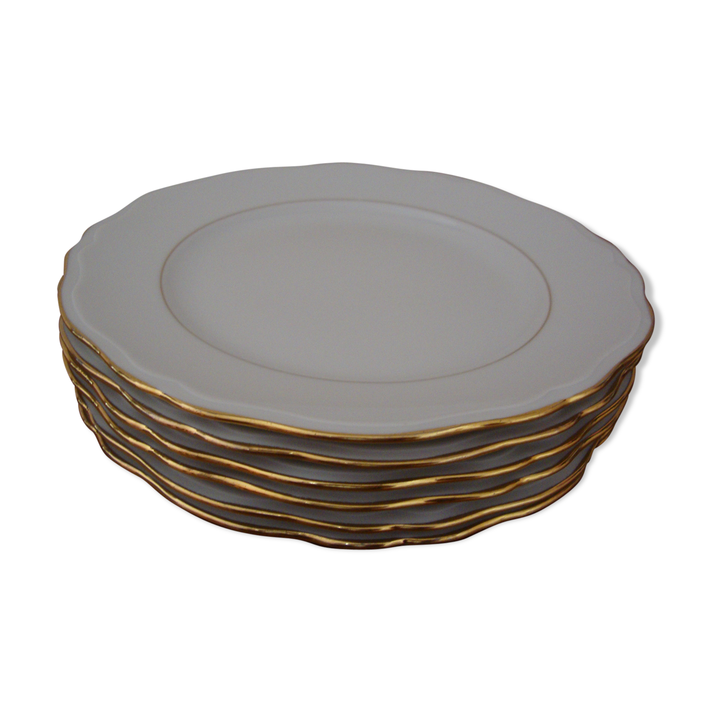 6 fine white porcelain dessert plates (signed Ph. Deshoulières) with festooned golden edges