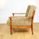 Wooden vintage brown armchair, olive green, long pile on removable cushions