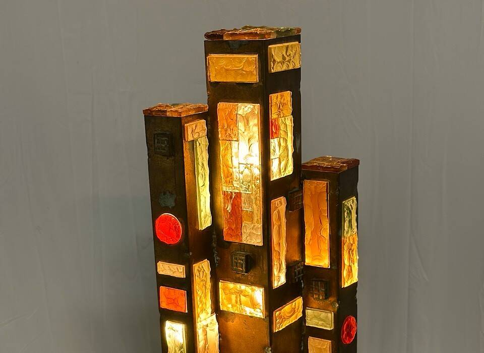1970s Longobard Floor Lamp – Hammered Glass & Wrought Iron, Italy