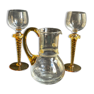 Pitcher and 2 crystal glasses signed XXth