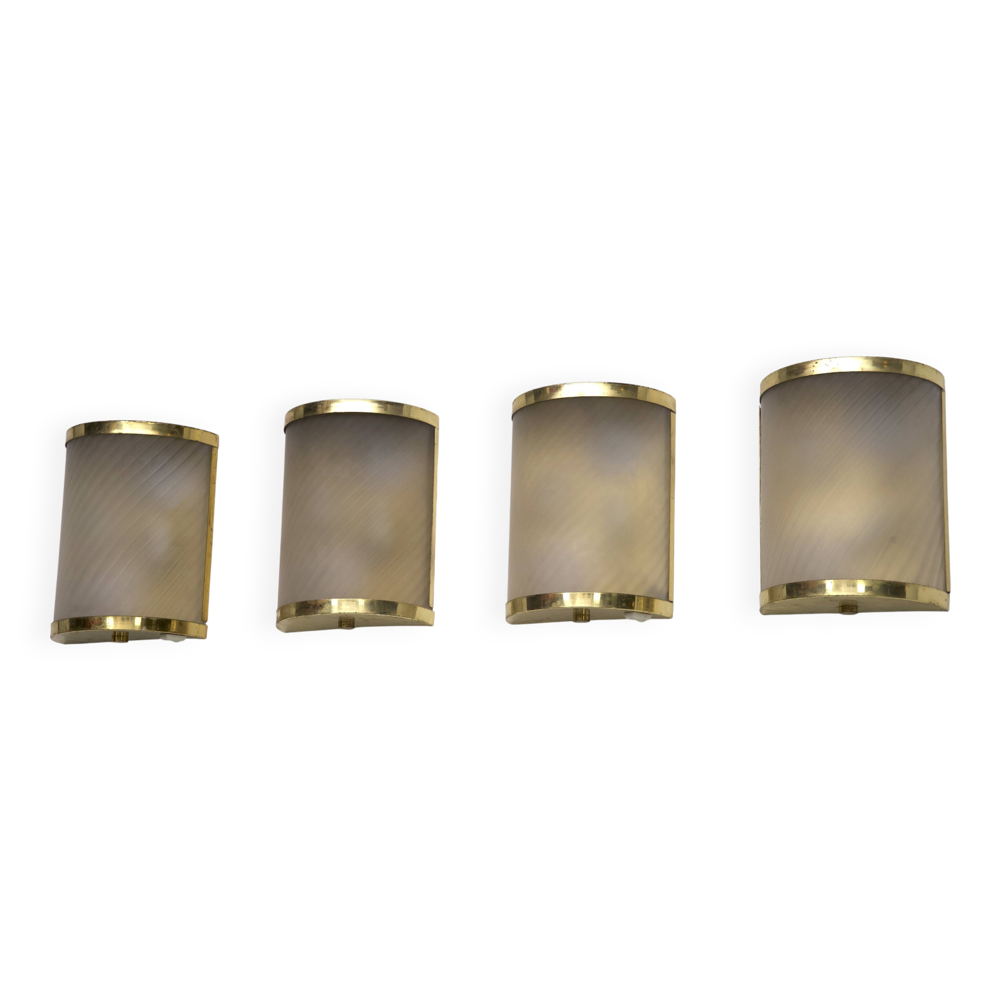 Rare Set of Four Valentino Brass and Etched Glass Wall Sconces, Italy 1980s