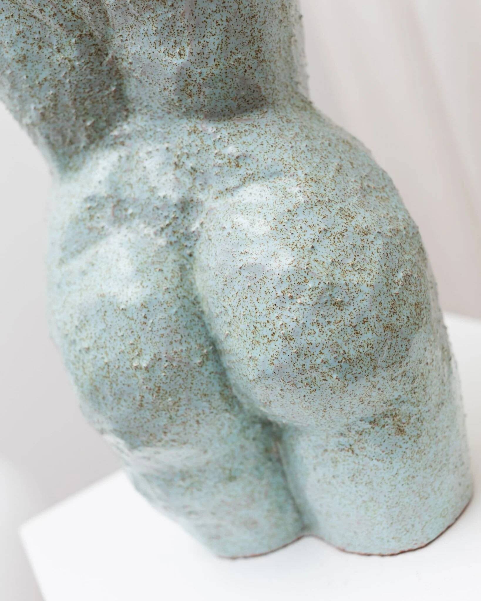 Light blue clay ceramic torso statue – mid-century design sculpture, heavy studio piece