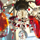 Antique chandelier with red crystal pendants, 9 lights.