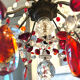Antique chandelier with red crystal pendants, 9 lights.