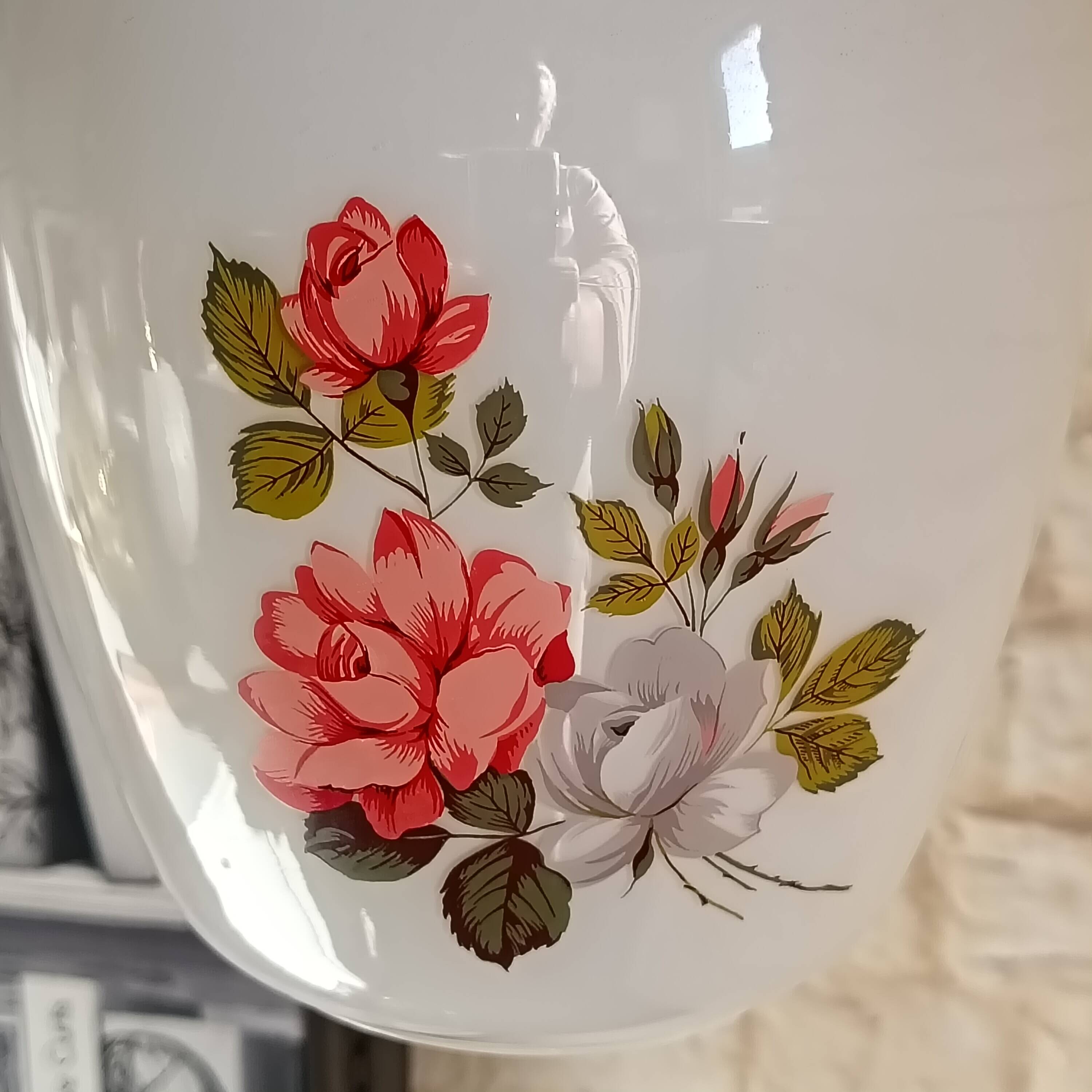 Vintage opaline glass pendant light, pink and white floral pattern, 1960s