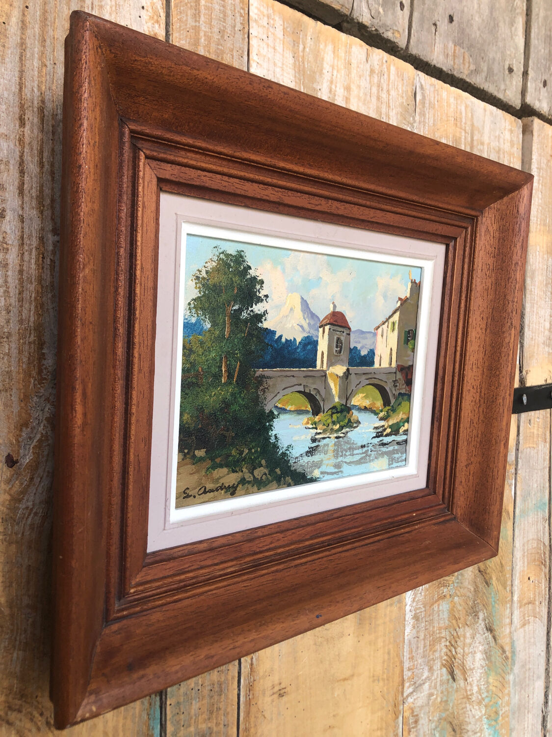 Oil painting on canvas s. audrey riverside + wood frame #a218