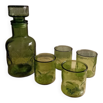 Service Carafe et 4 verres vintage années 70 en verre coloré vert