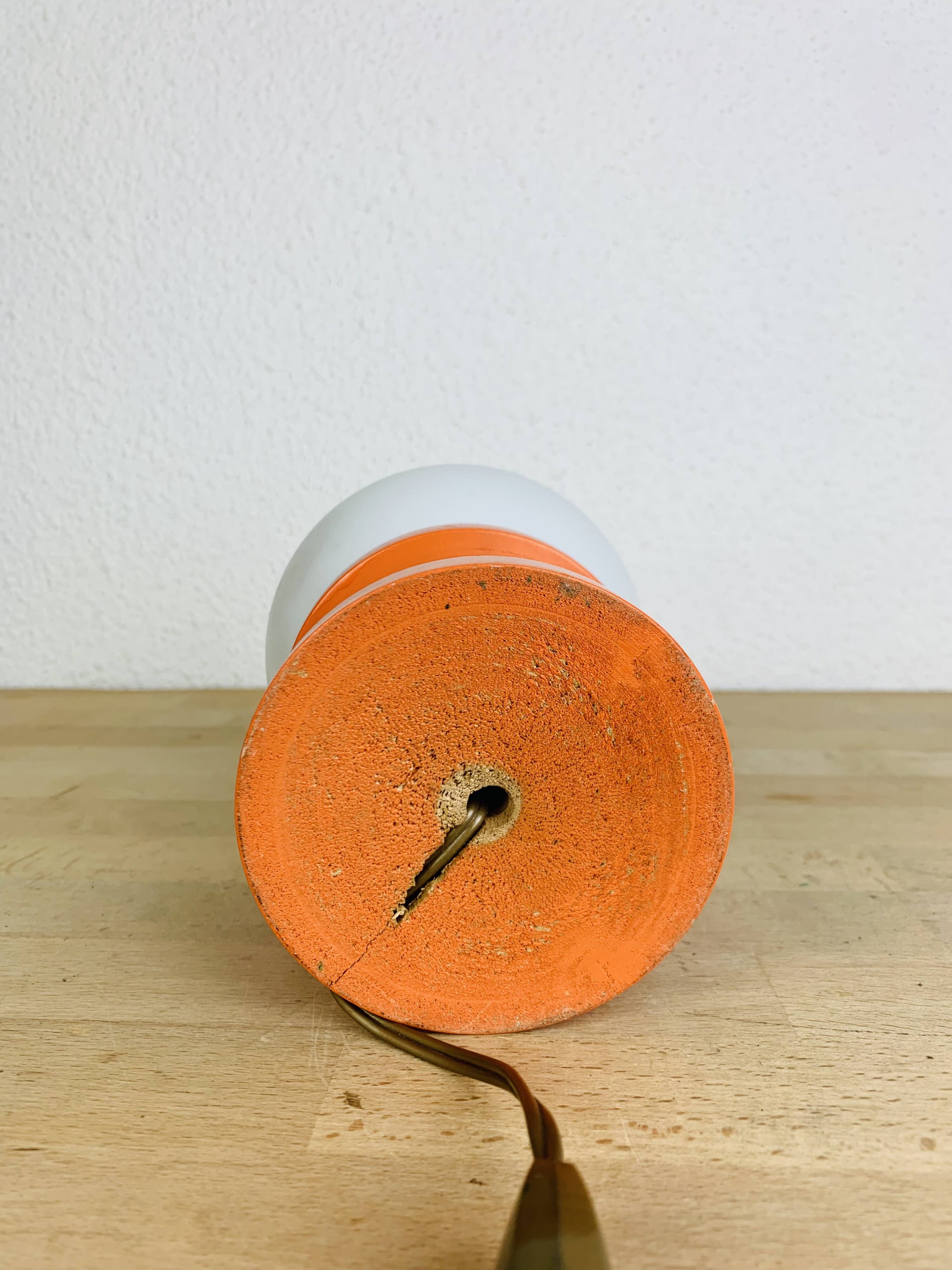 Space Age lamp in orange wood and opaline globe, 1970s