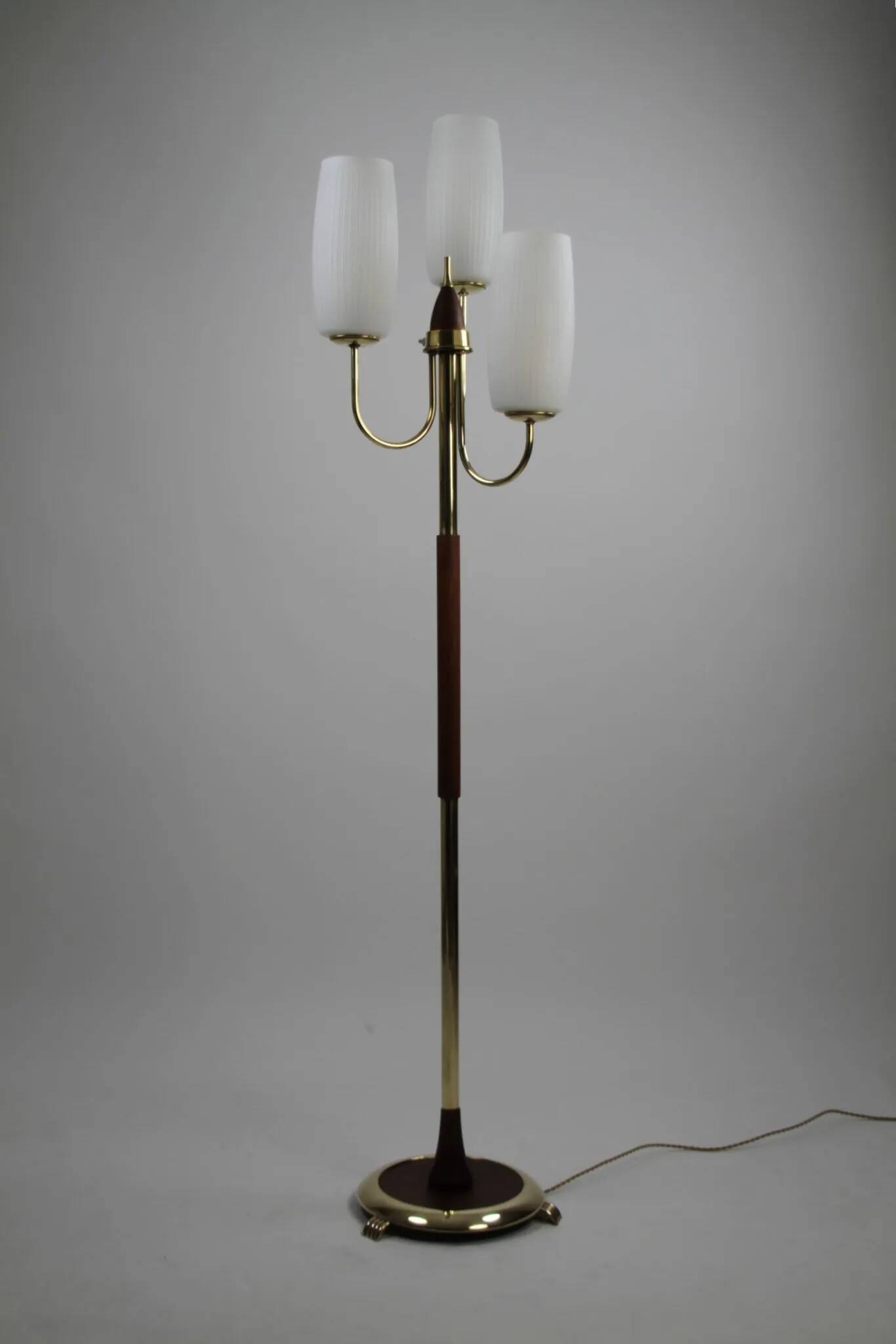 Brass & Teak Three-Light Candelabra Floor Lamp — Scandinavia, 1940s/1950s