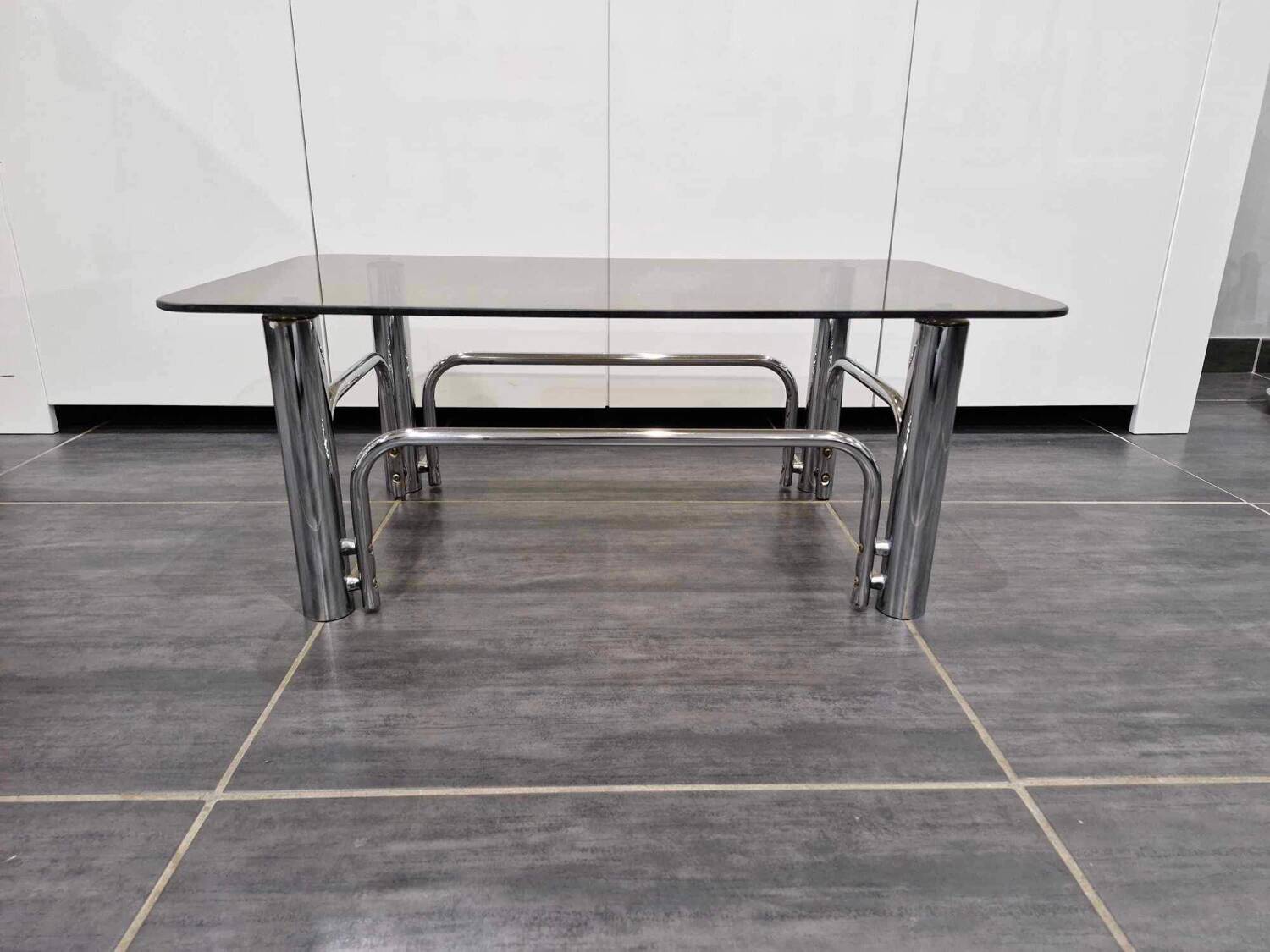 Vintage coffee table chrome metal and smoked glass 1970s