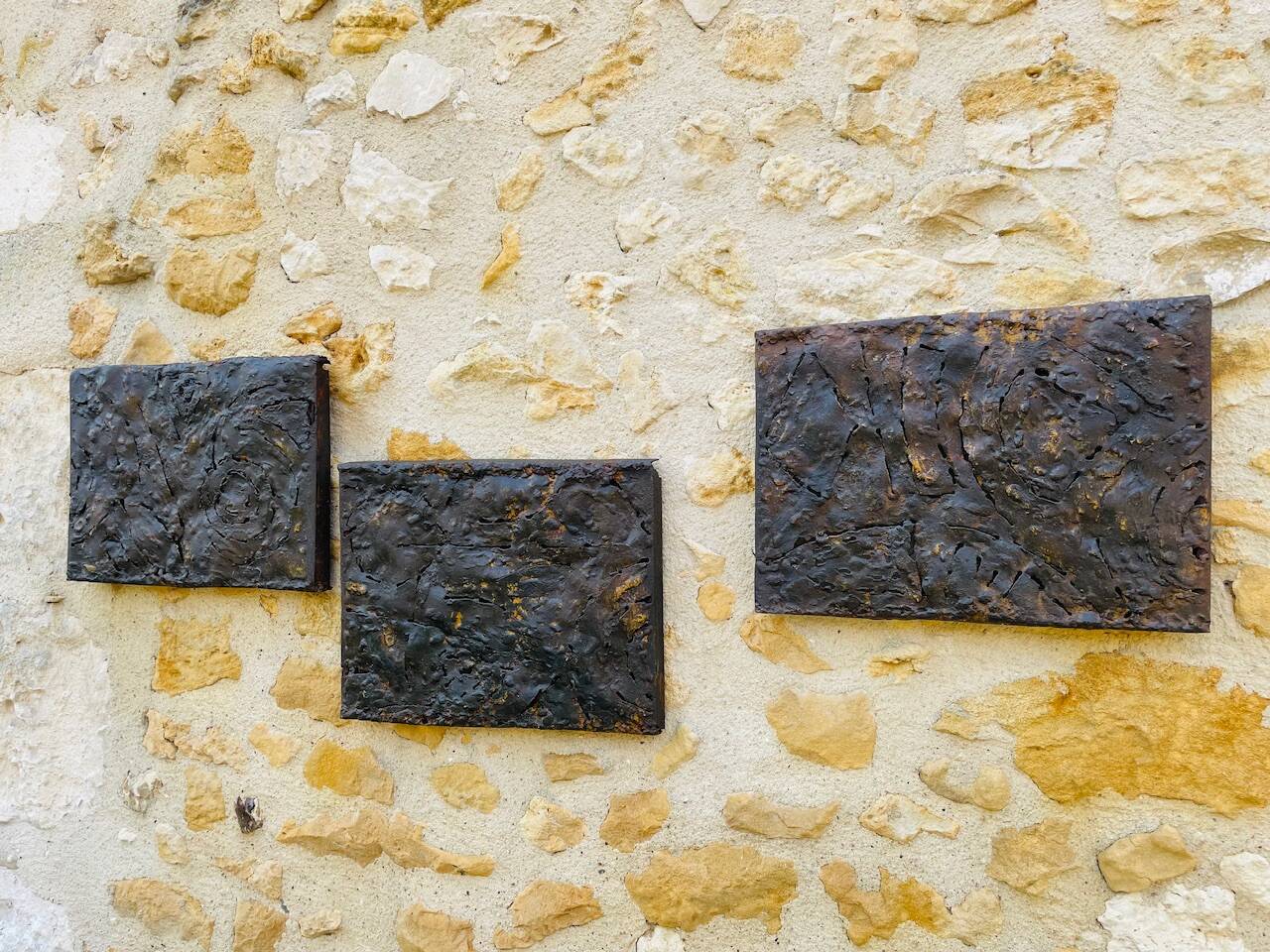 Set of three brutalist wall sculptures, by Irv Bramberg, vintage