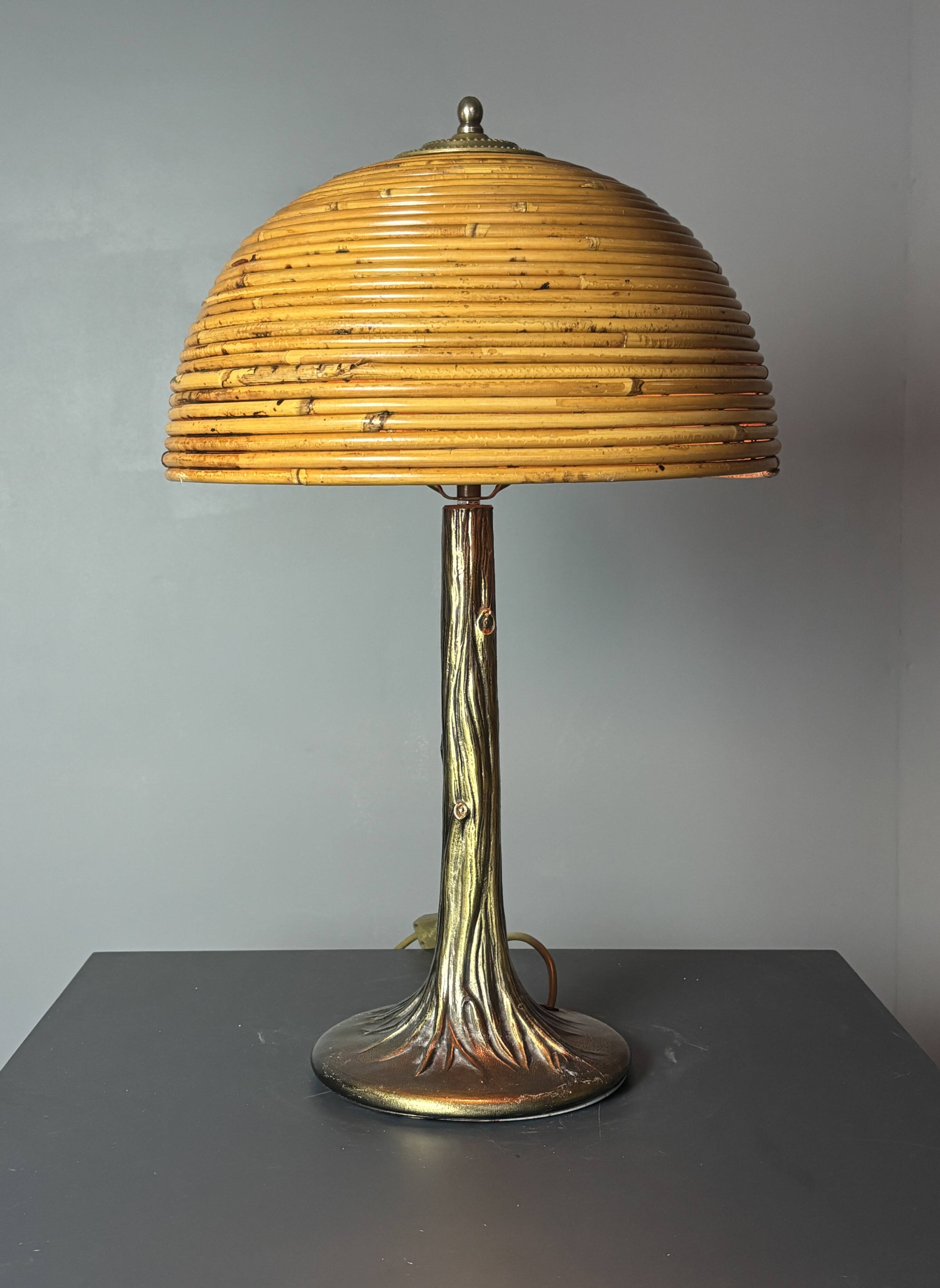 Mid-Century Pencil Reed Rattan Bamboo and Brass Table Lamp, 1970s