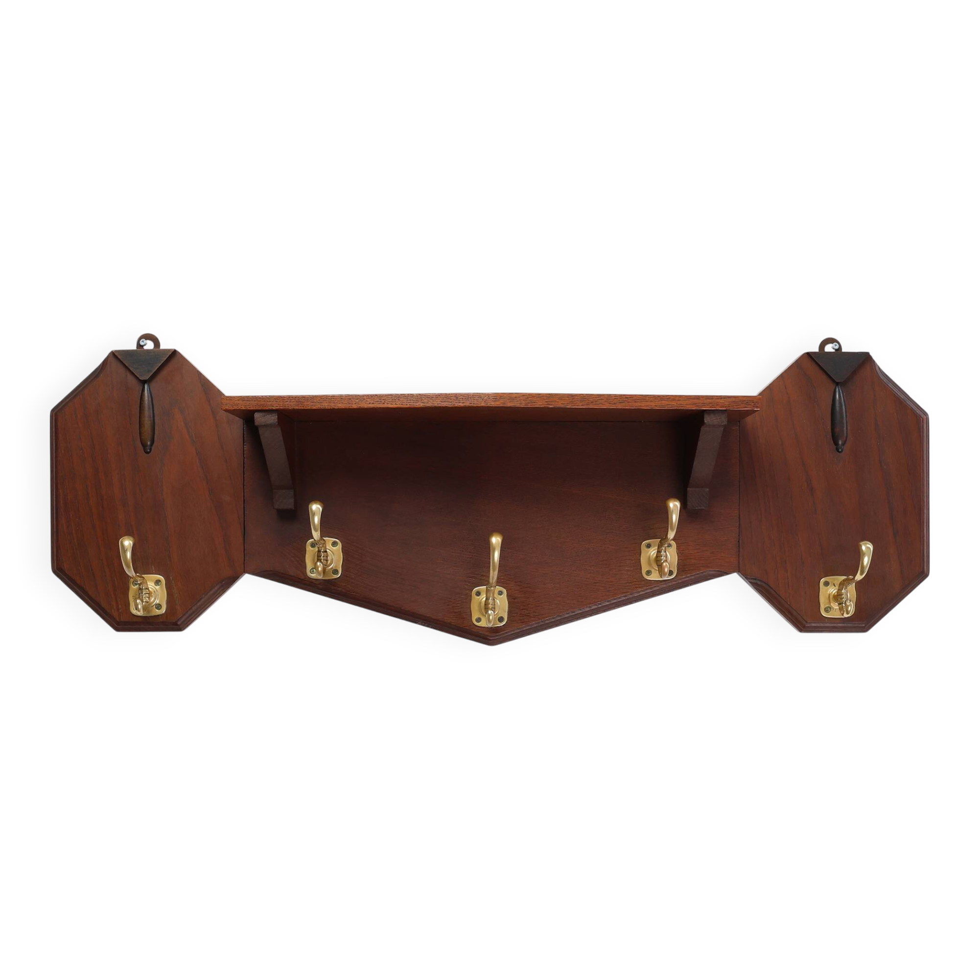 Porte-manteau Art Déco en chêne et cuivre, Belgique années 1920