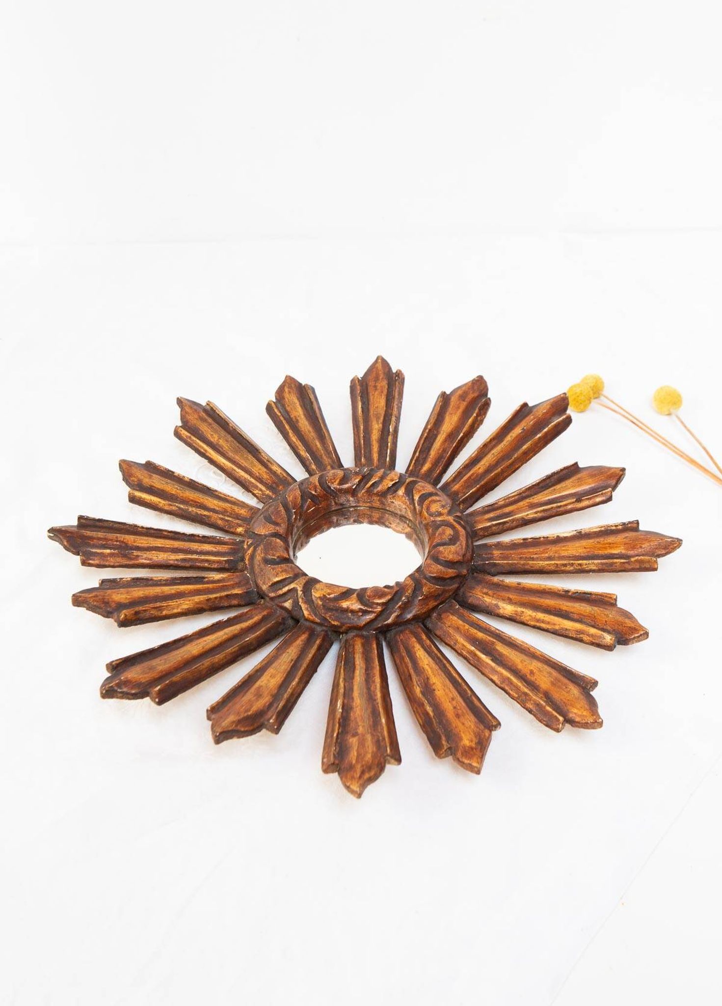 Vintage sun mirror witch's eye in gilded wood (39 cm)