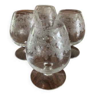 Set of 4 blown and cut crystal cognac glasses