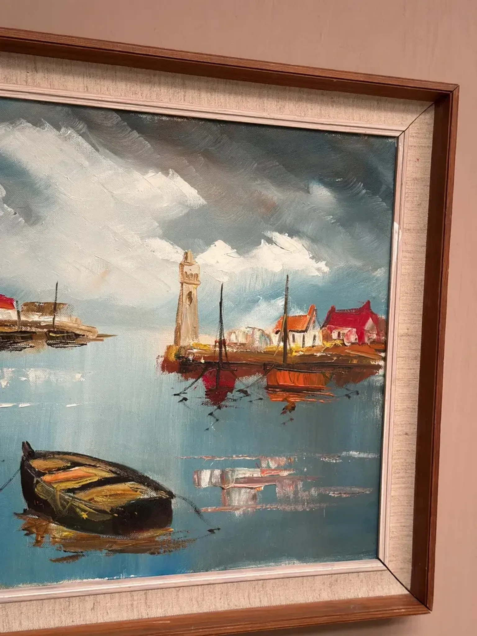 Original Swedish Oil on Canvas – “Boats” by Lennart Börje – Signed – Vintage & Framed 88.5 cm x 48.5 cm (34.8" × 19")