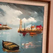 Original Swedish Oil on Canvas – “Boats” by Lennart Börje – Signed – Vintage & Framed 88.5 cm x 48.5 cm (34.8" × 19")