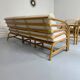 Complete living room with rattan sofa and white bouclette, brass finish, 80's design