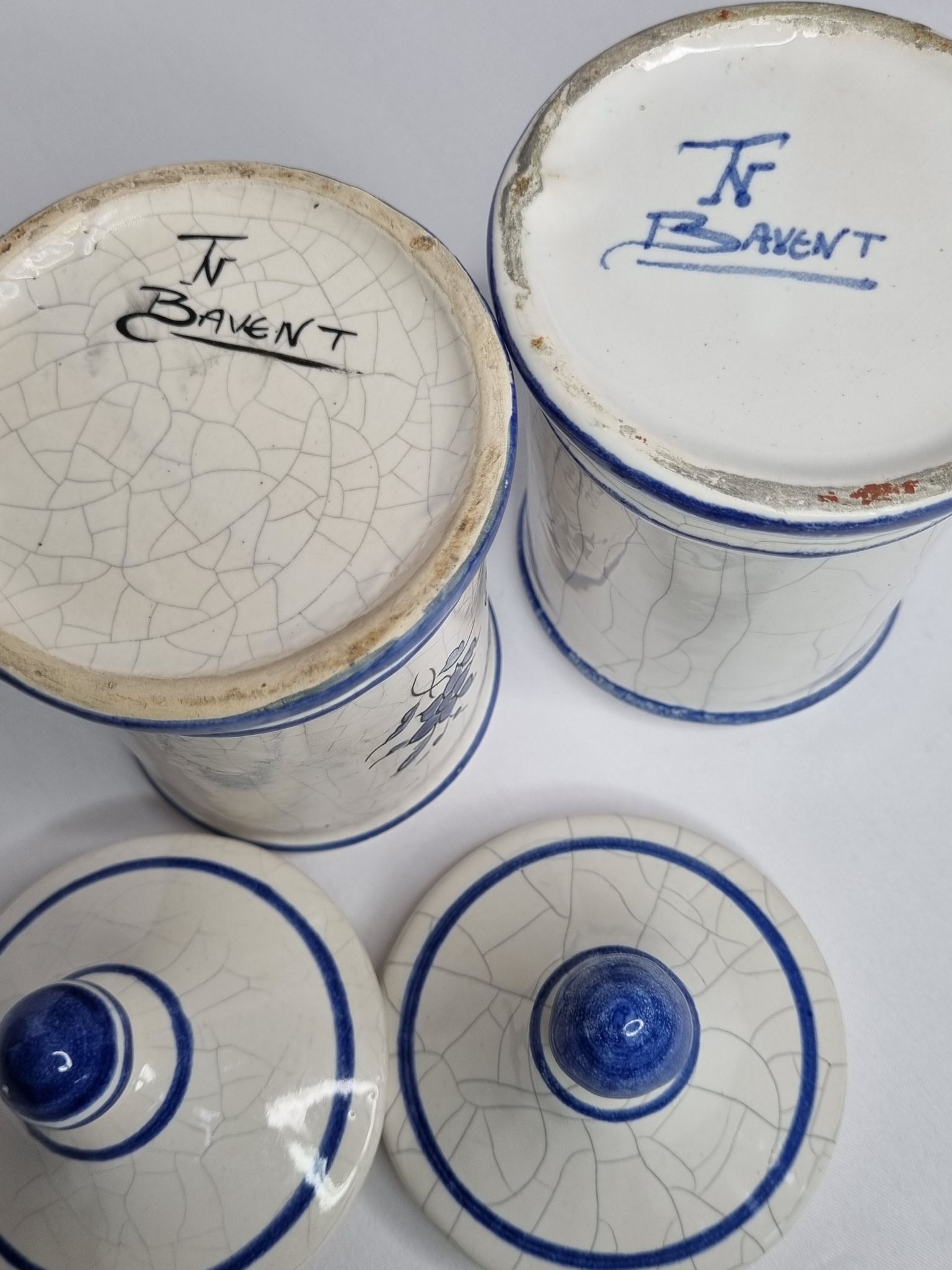 Pair of antique apothecary pots in glazed ceramic, Tuilerie Normande de Bavent