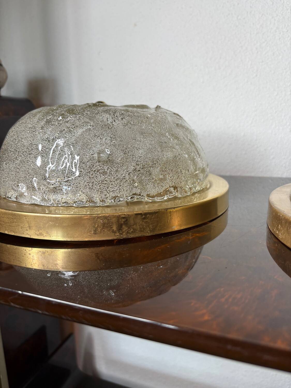 Pair of glass and gold brass ceiling lights, 1970s