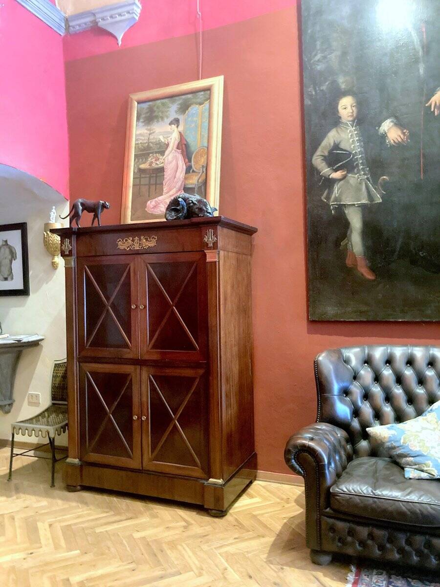 Cabinet, wardrobe or mahogany and ormolu wine bar in French Empire style with four doors.