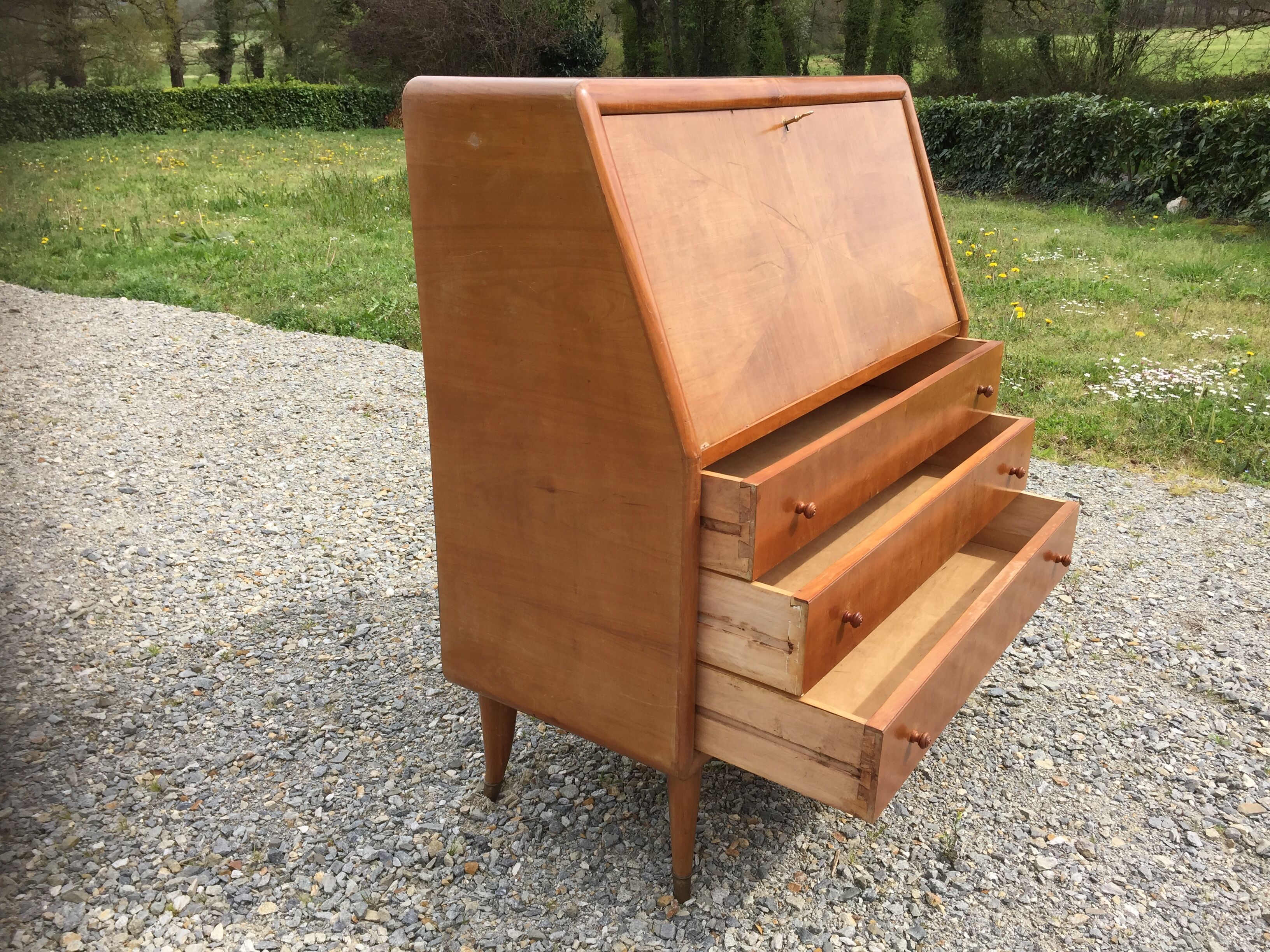 Vintage secretary desk, known as donkey's back, in cherry wood, Italian by Marelli & Fratelli.