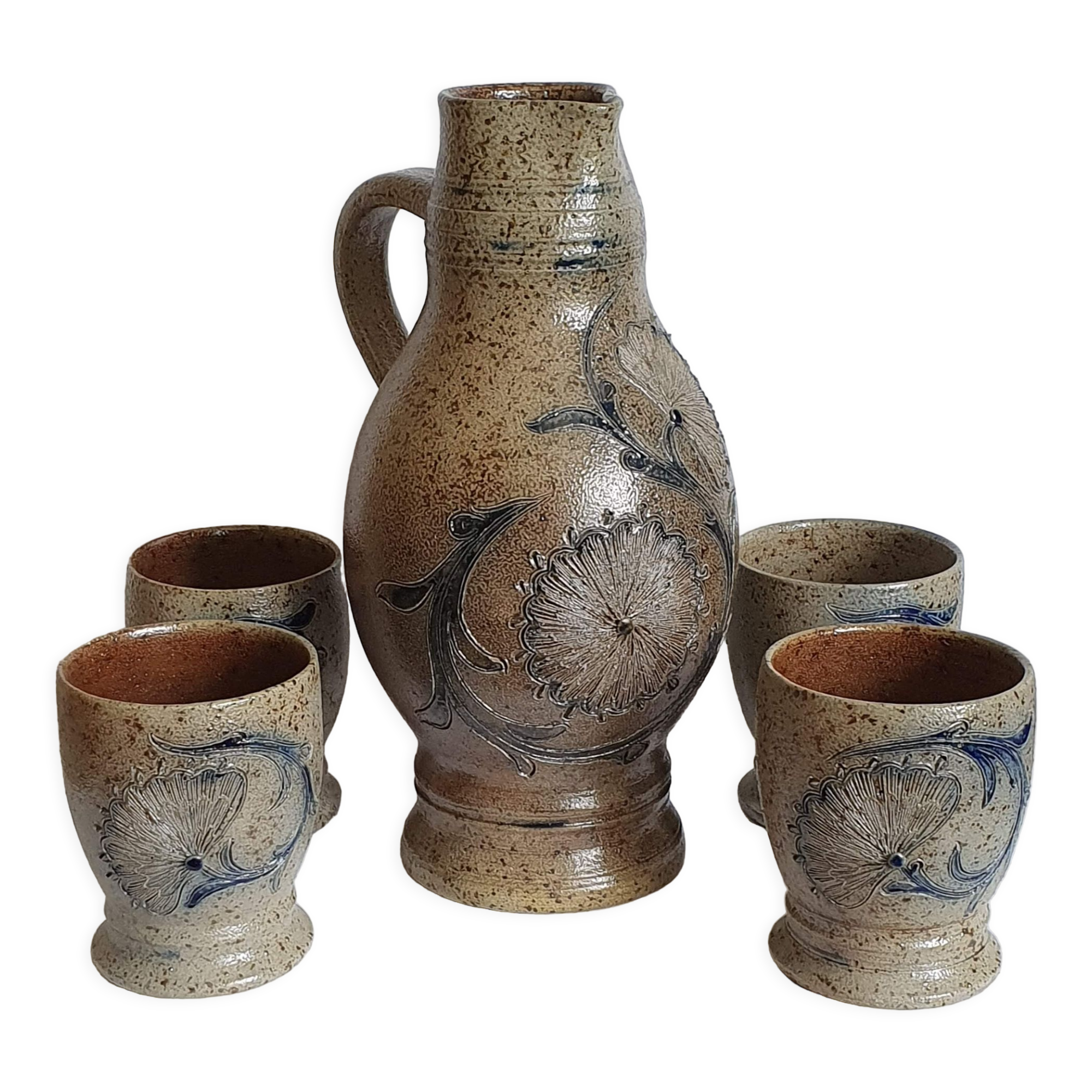 Sandstone pitcher and four cups by Loys Ruhlmann Betschdorf