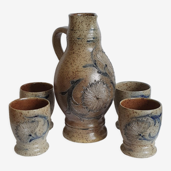 Sandstone pitcher and four cups by Loys Ruhlmann Betschdorf