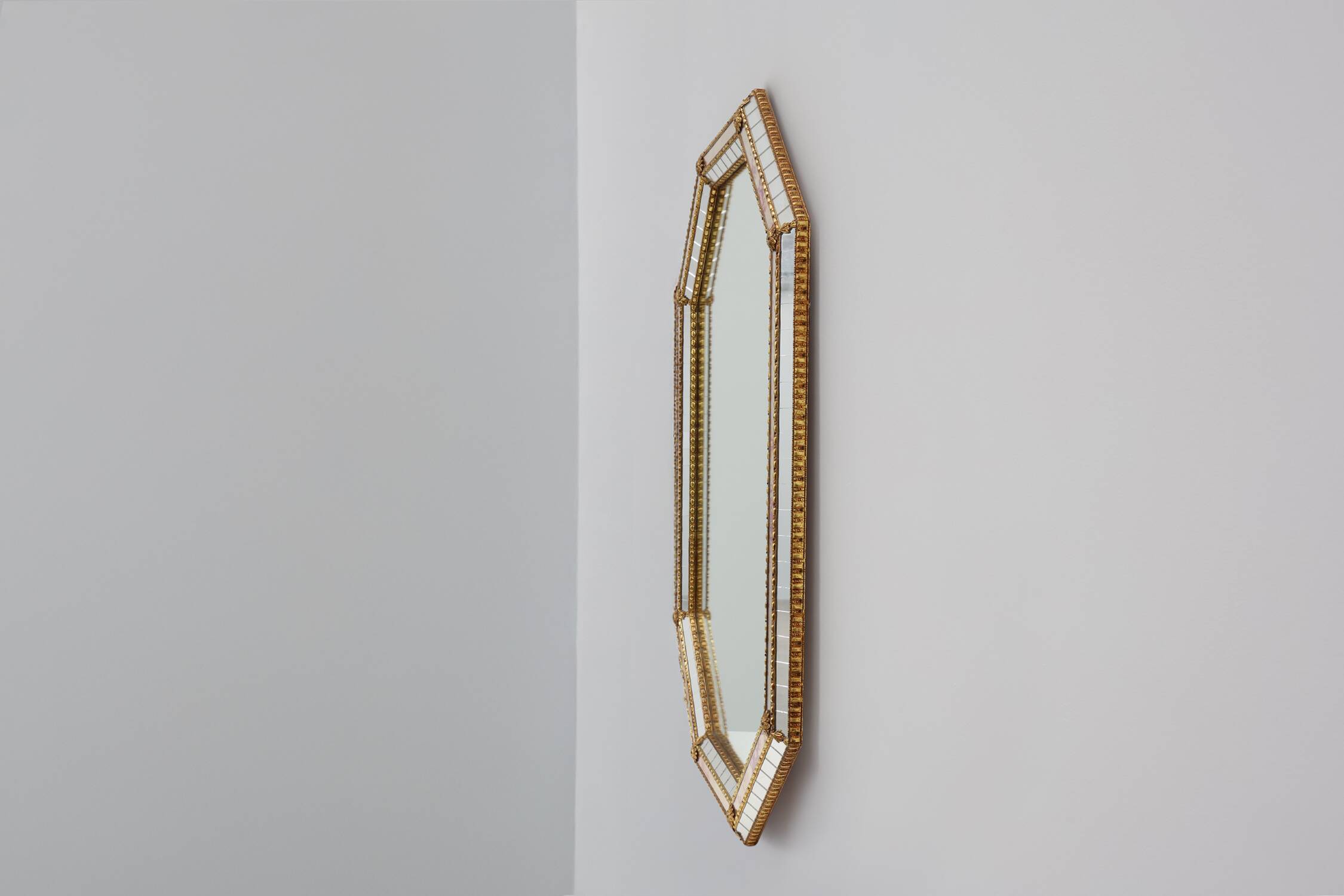 Venetian style octagonal mirror marked MGB, Planilux, Cristanola, Spain