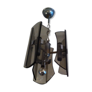 suspension en métal et verre fumé des années 1970