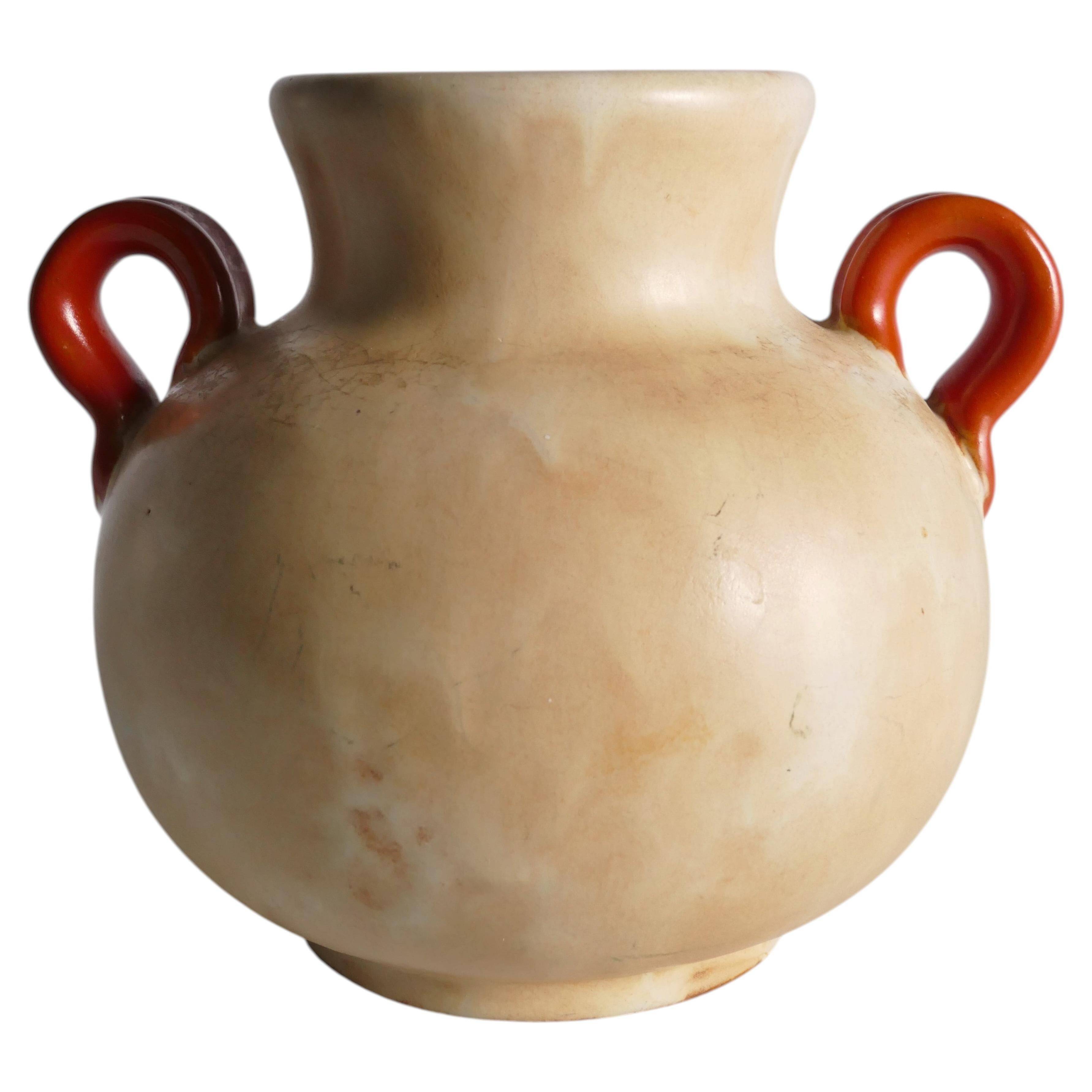 Art Deco Ceramic Beige Vase with Red Handles by Anna-Lisa Thomson, Upsala Ekeby