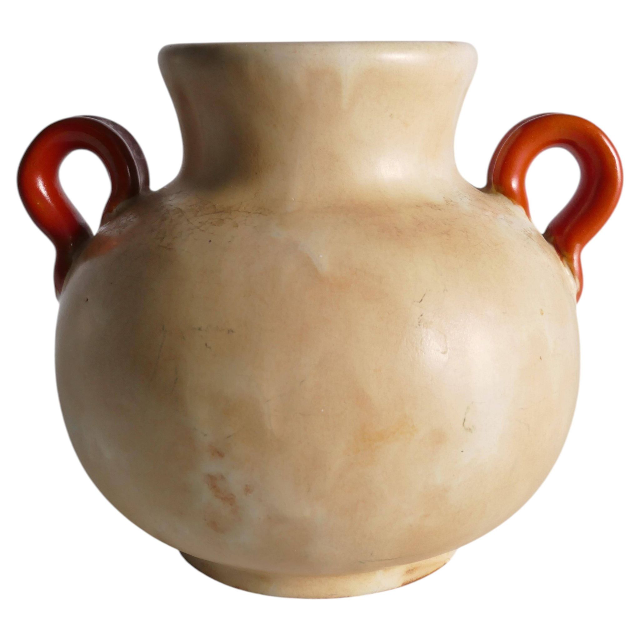 Art Deco Ceramic Beige Vase with Red Handles by Anna-Lisa Thomson, Upsala Ekeby