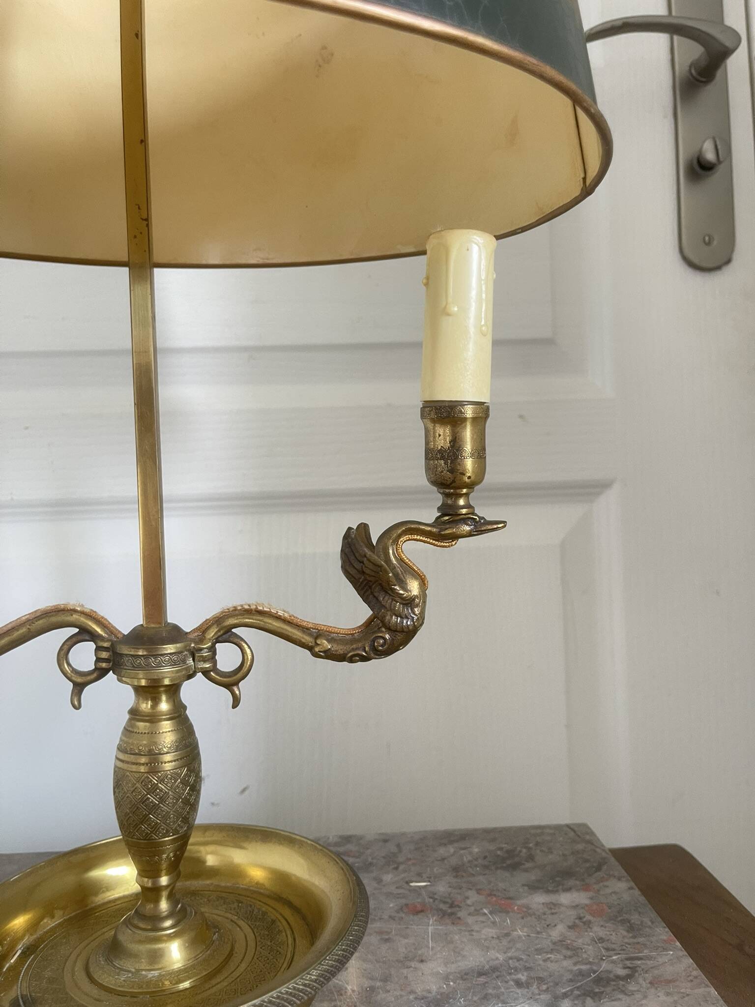 Antique Bouillotte Lamp 2 Lights Swan Lucien Gau Gilded Bronze Empire Napoleon