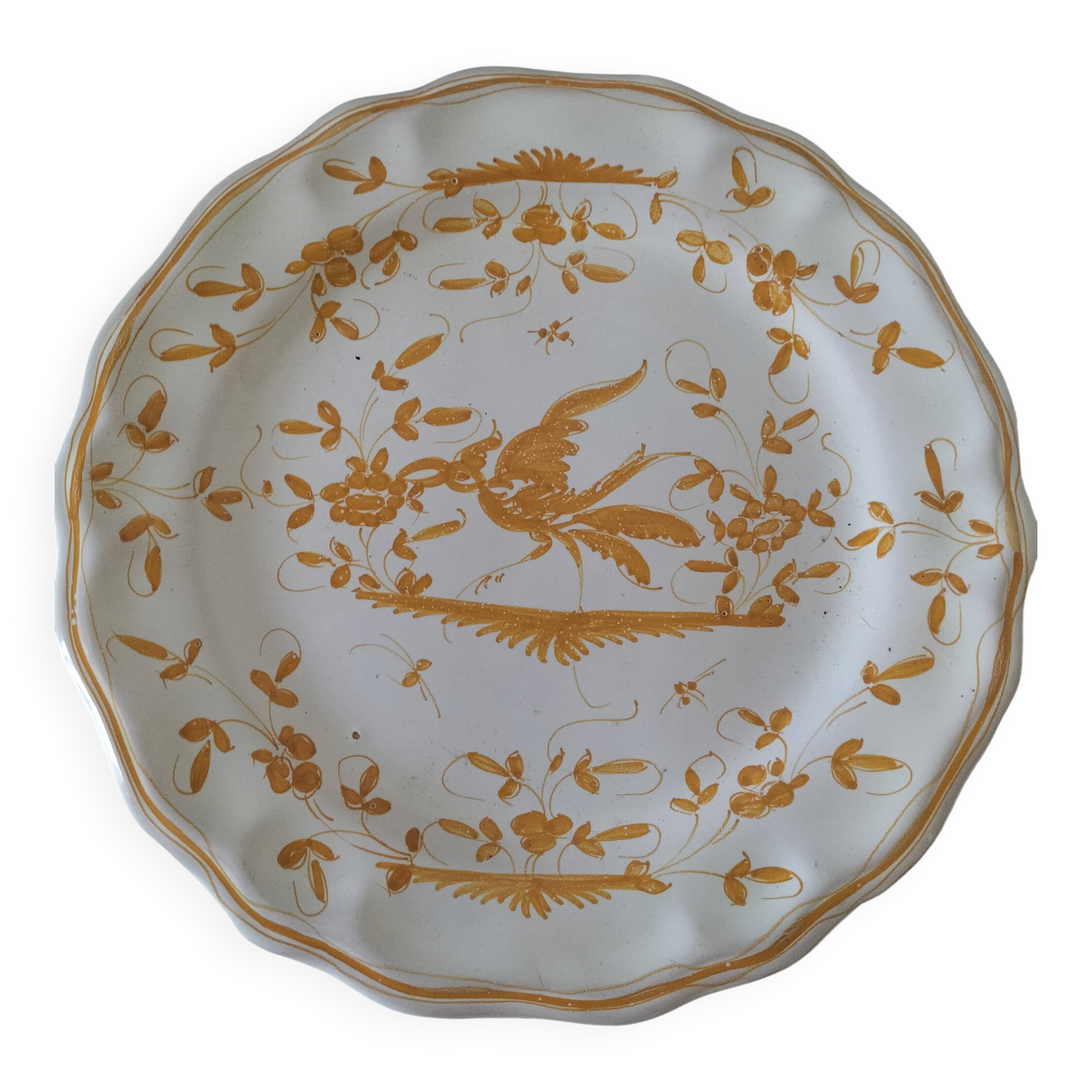 Earthenware plate from Martres-Tolosane, Moustiers decoration, hand-painted.