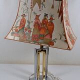 France 1970s - Vintage lamp with a chrome base and shade featuring Asian decor.