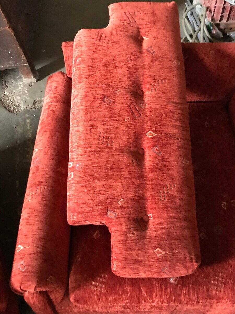 Set of 2 red Mid-Century fabric armchairs, 1960s — complete restoration