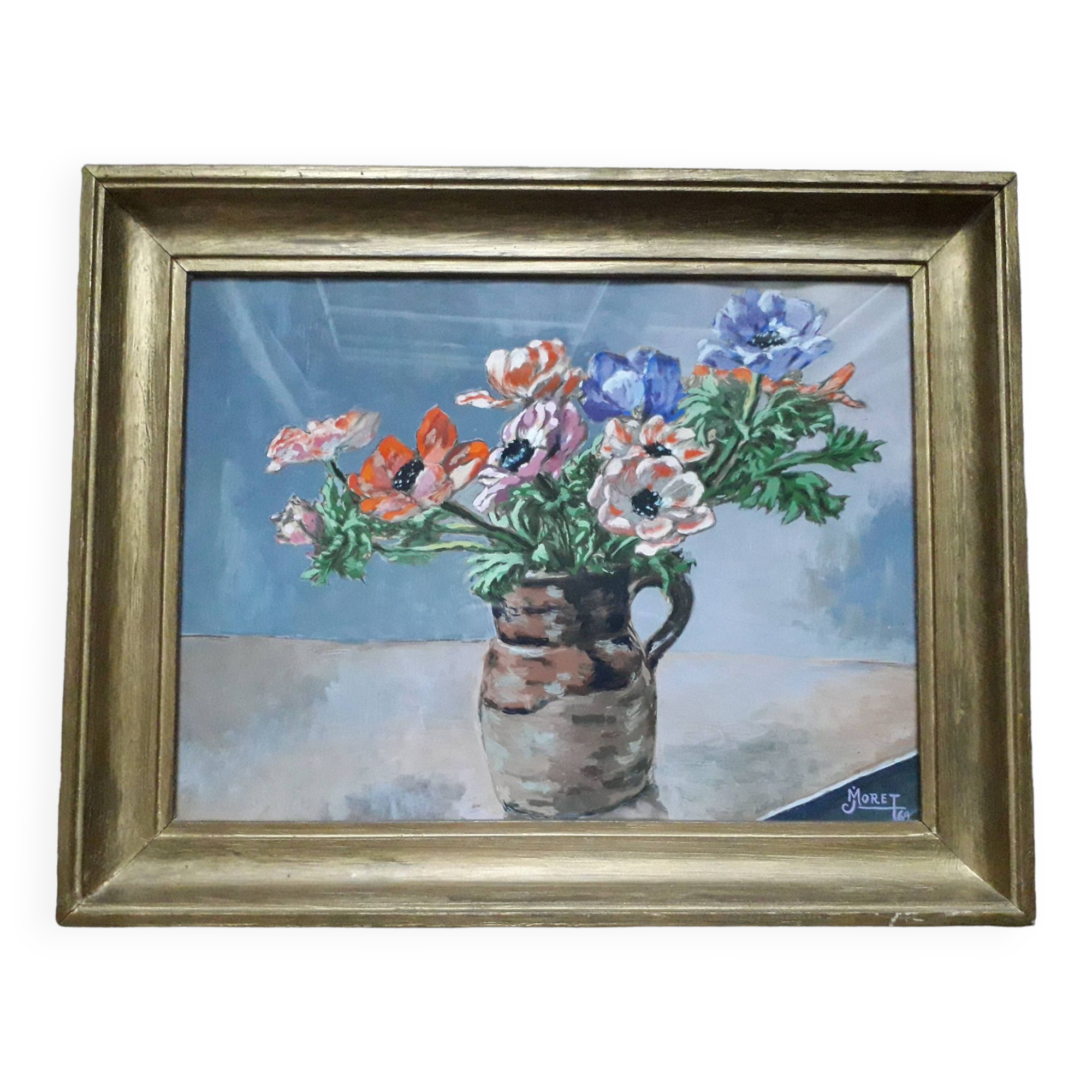 Tableau ancien représentant un bouquet d'anémones