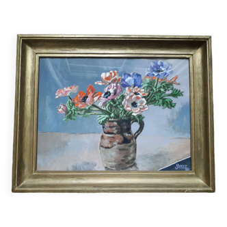 Tableau ancien représentant un bouquet d'anémones