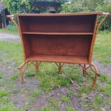 Vintage rattan bar with 1960s earthenware tile decor with 2 stools