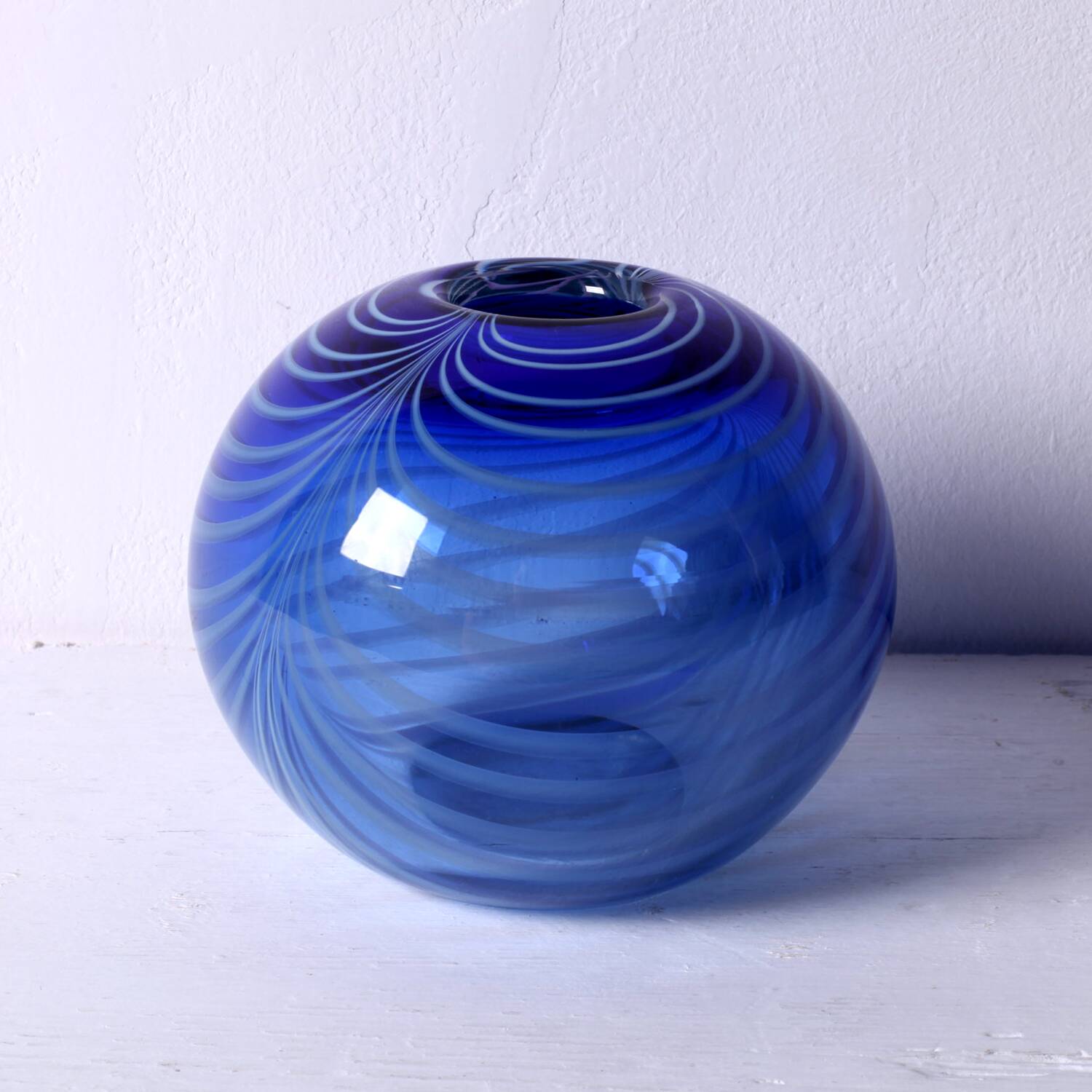 Vintage Lithuanian Art Glass Vase / Blue Stripe Design / Žilys Algimantas