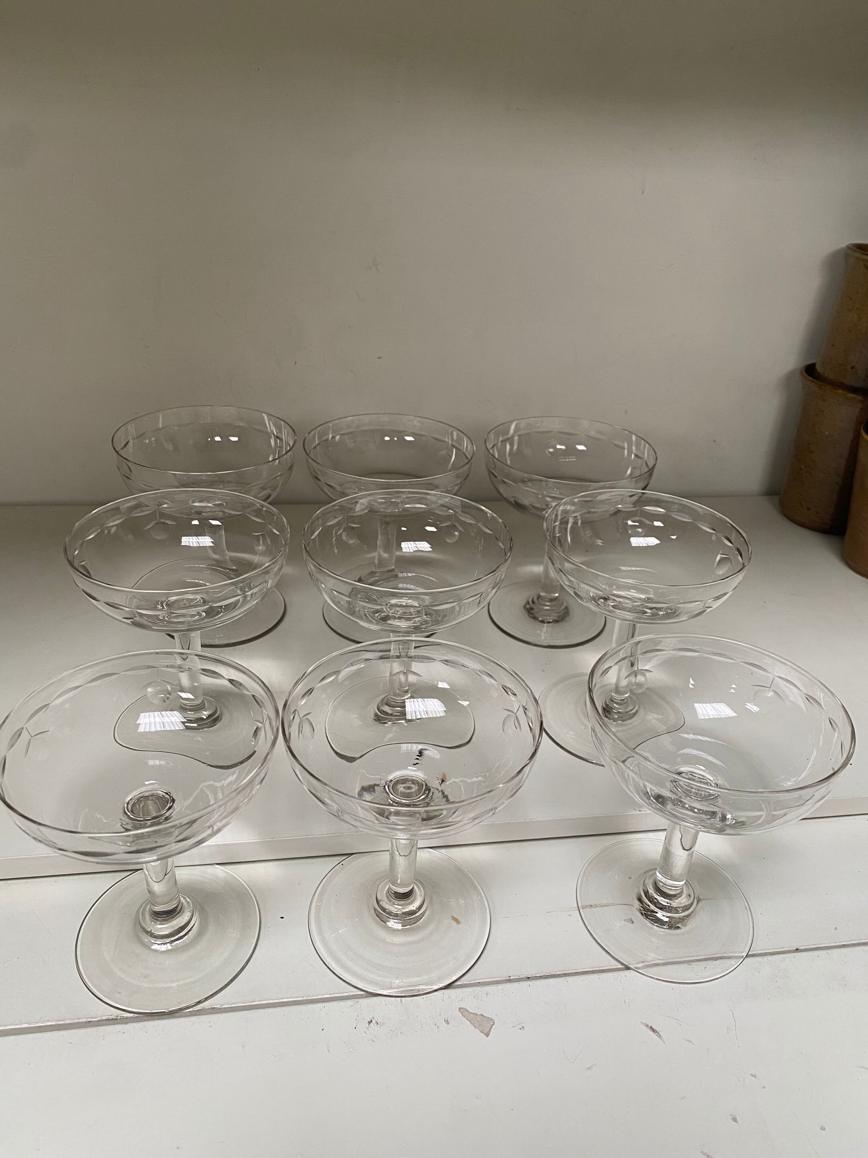 Set of 9 engraved champagne glasses