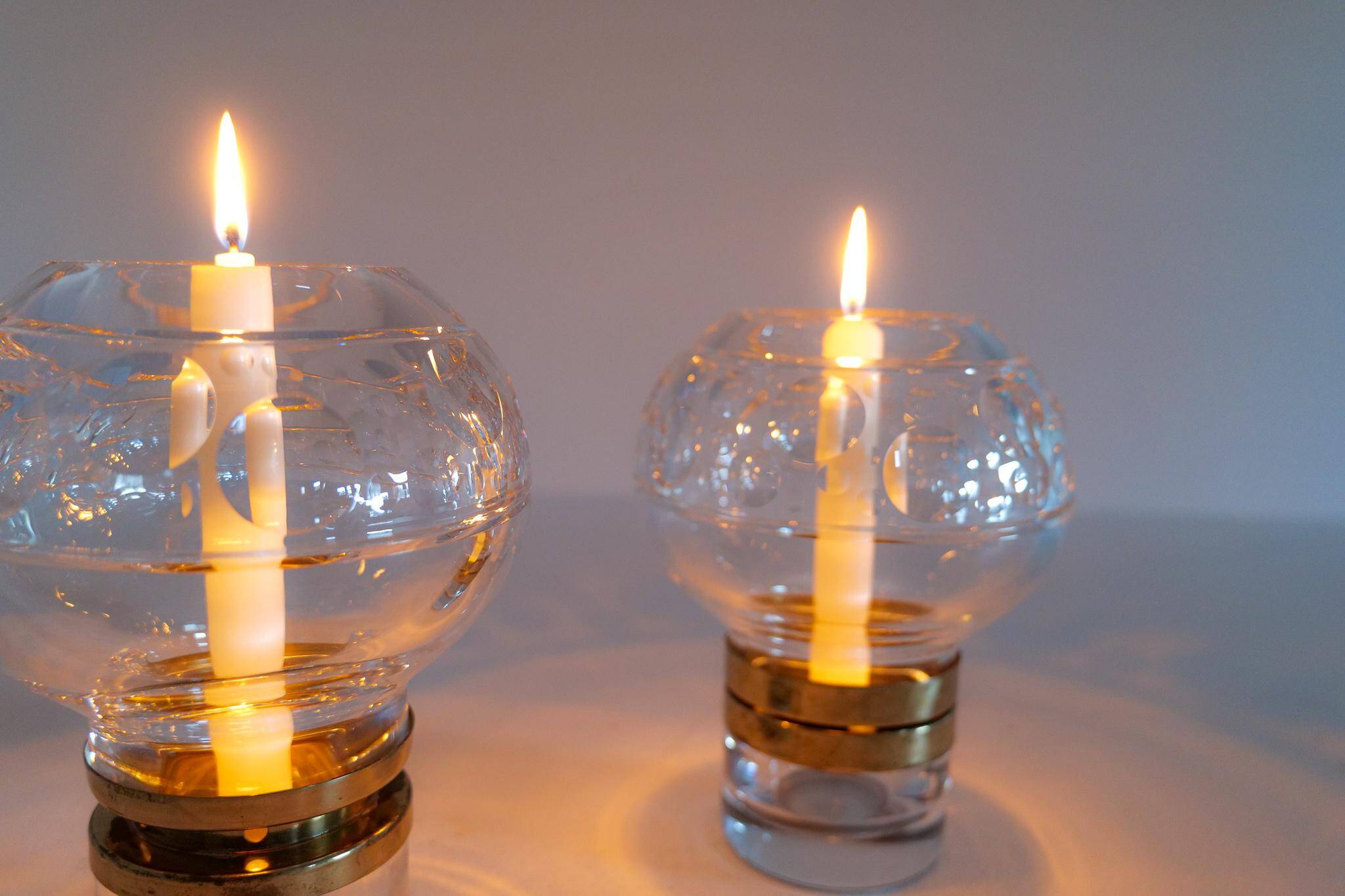 Pair of solid clear crystal candlesticks in modern Scandinavian style Orrefors Sweden