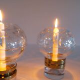 Pair of solid clear crystal candlesticks in modern Scandinavian style Orrefors Sweden