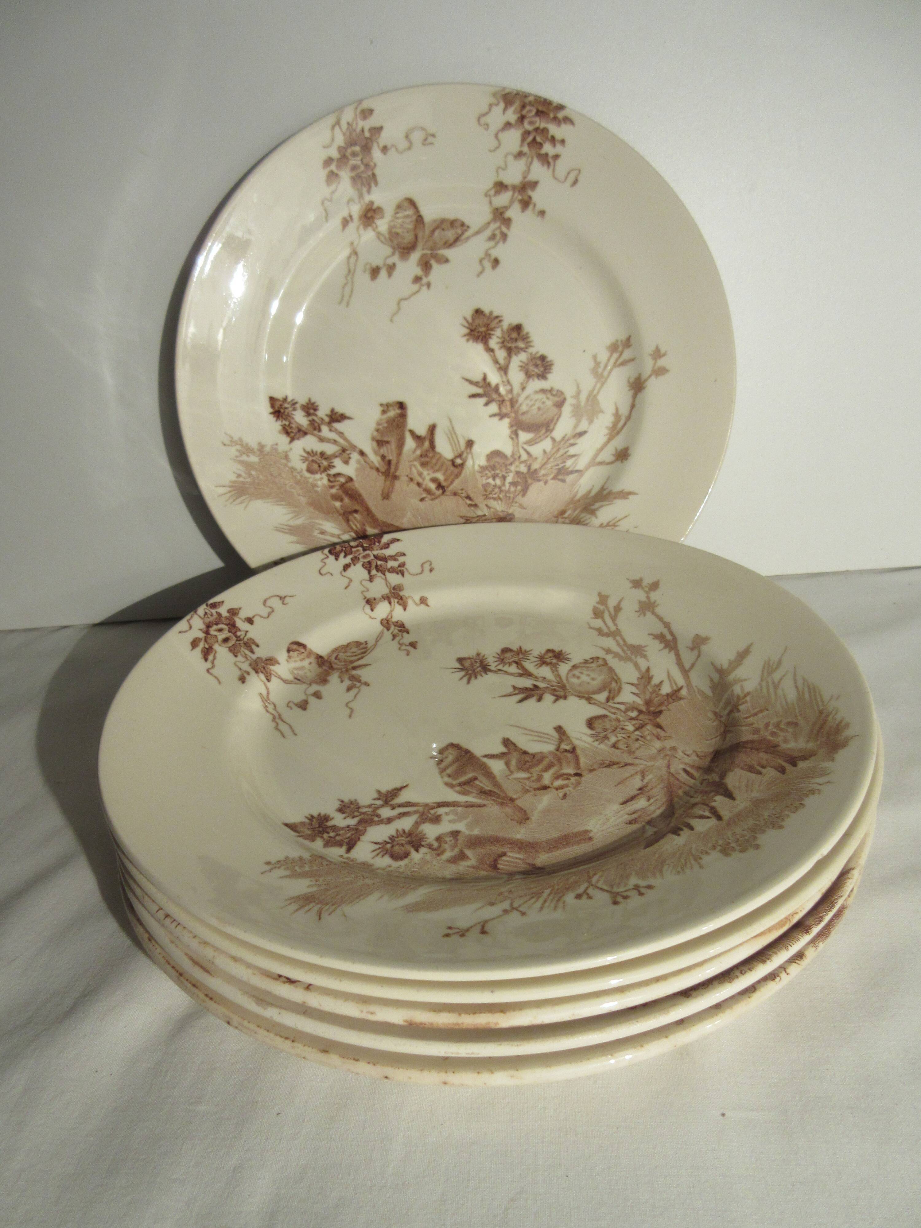 Set of 6 flat plates, Terre de Fer de Creil Montereau: Goldfinches